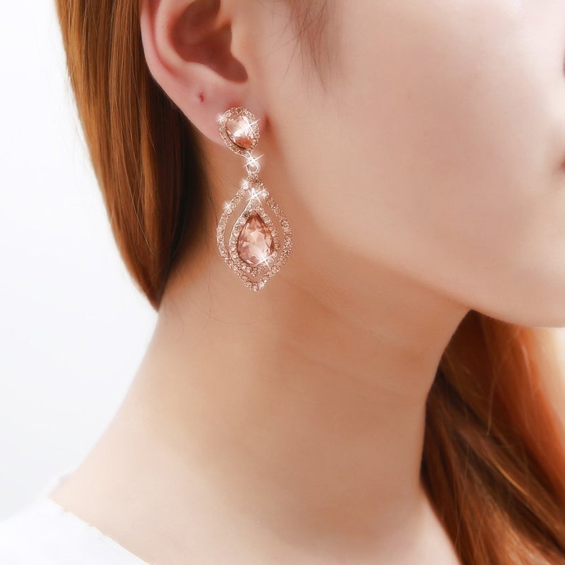 NLCAC Rose Gold Teardrop Crystal Earrings Dangle Long Rhinestone Chandelier Earring Wedding Jewelry for Bride Mother's Day Gift Jewelry - Image 2